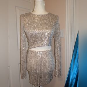 Hera Collection Shimmering Silver With Cream /Nude Lining Sequin Two Piece Dress